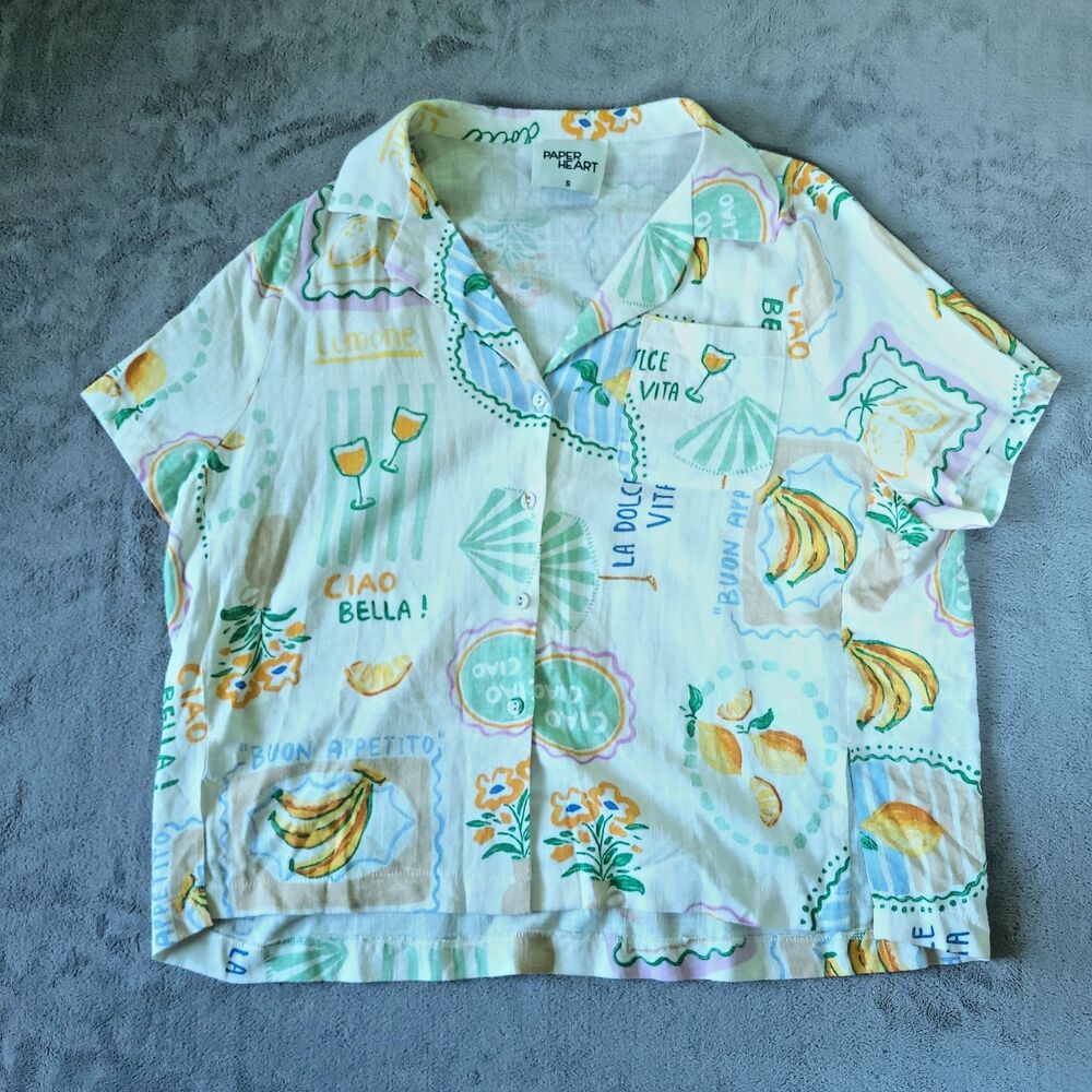 Paper Heart Button Up Shirt Blouse Small Oversized Linen Blend Italy Dolce Vita